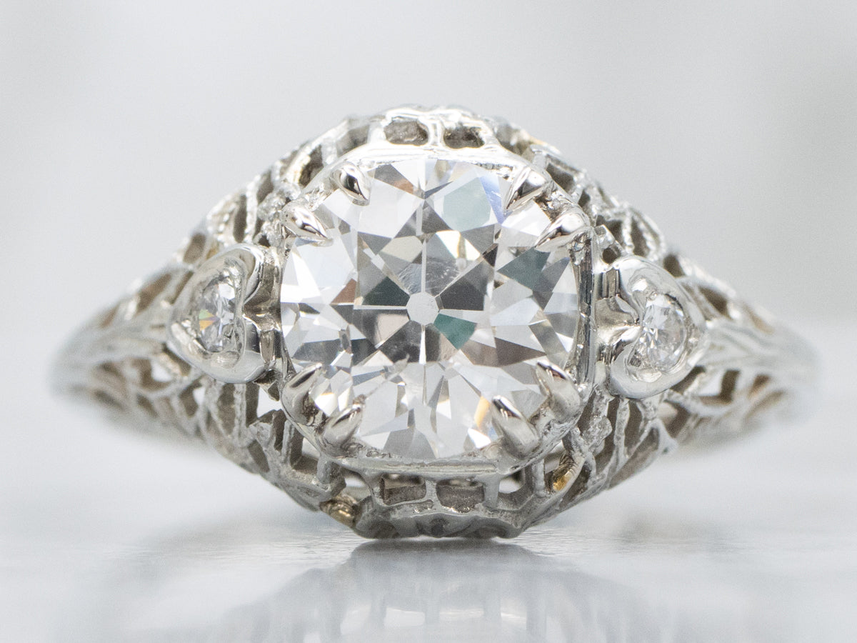 GIA Certified Old European Cut Diamond Sweetheart Filigree White Gold Engagement Ring