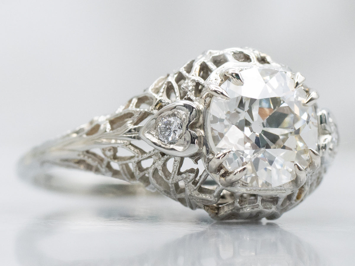 GIA Certified Old European Cut Diamond Sweetheart Filigree White Gold Engagement Ring