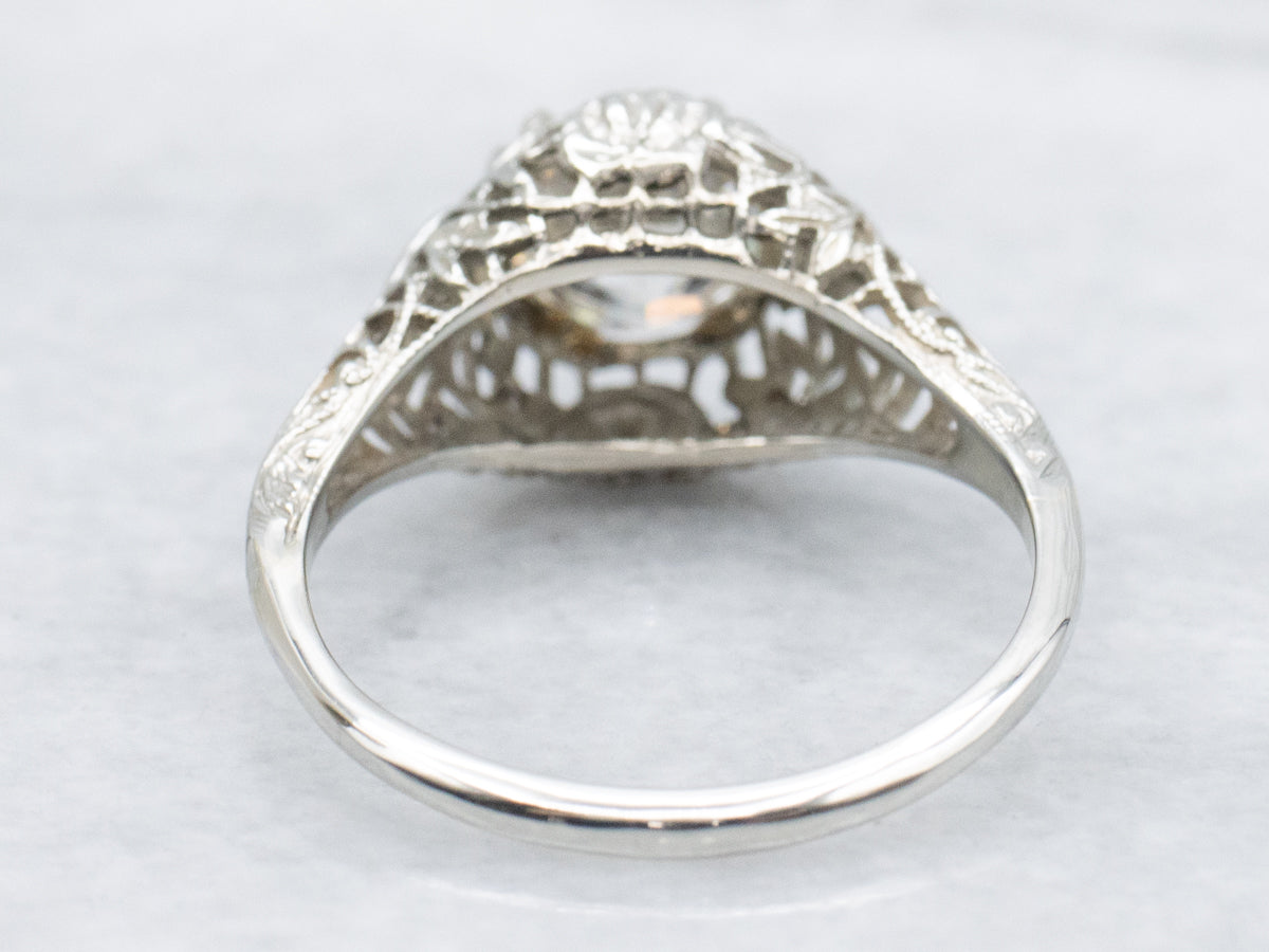 GIA Certified Old European Cut Diamond Sweetheart Filigree White Gold Engagement Ring