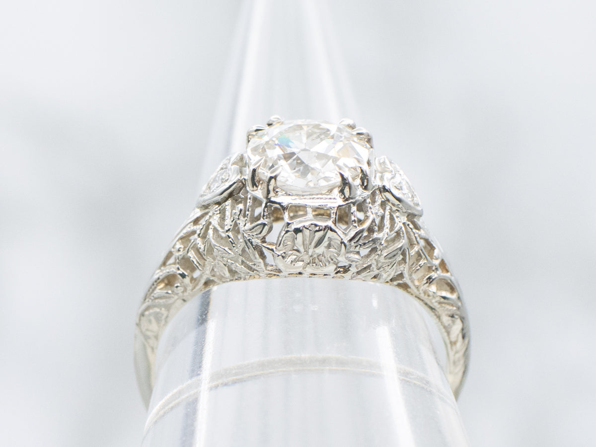 GIA Certified Old European Cut Diamond Sweetheart Filigree White Gold Engagement Ring