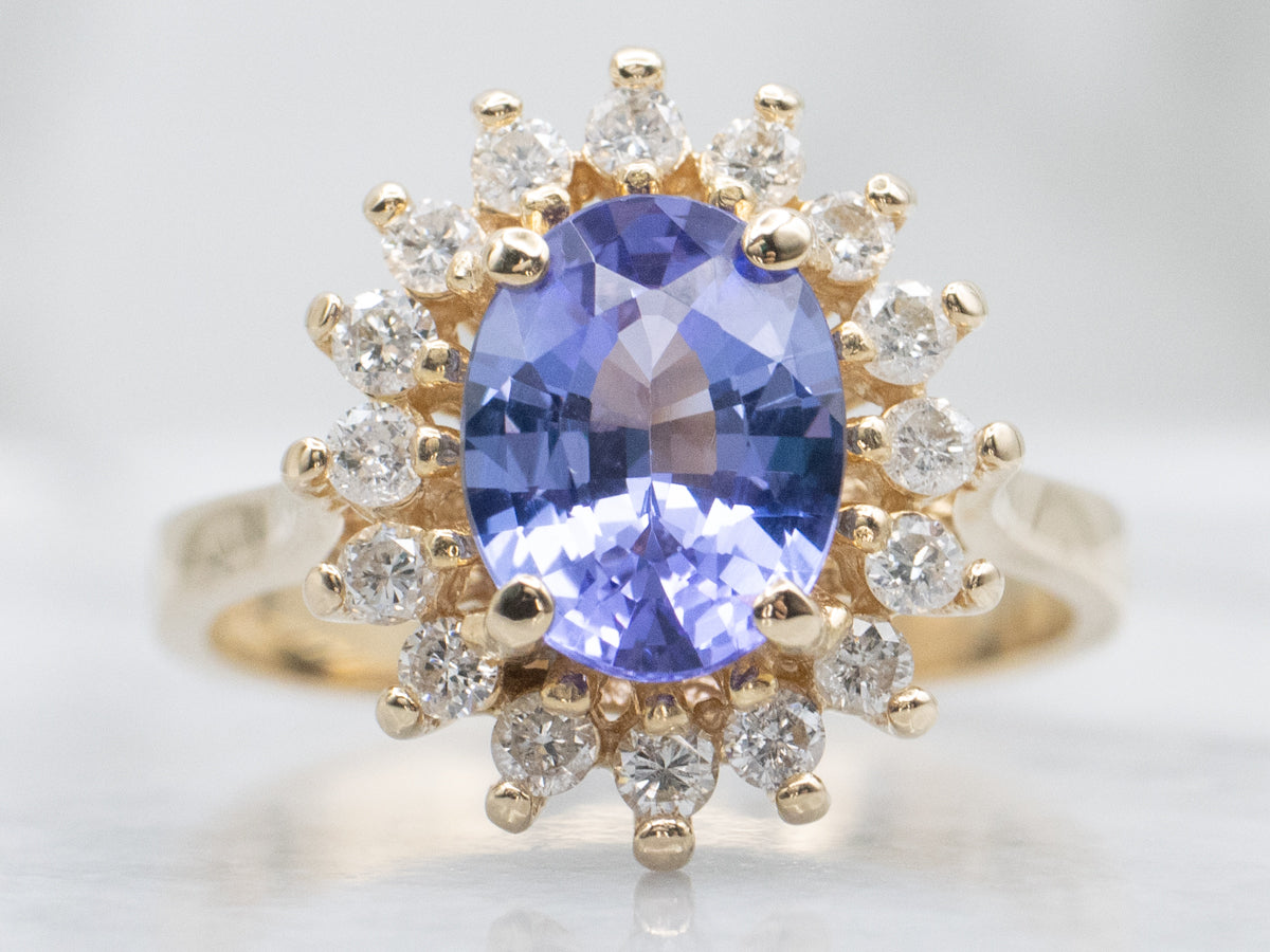 Tanzanite and Diamond Halo Yellow Gold Ring