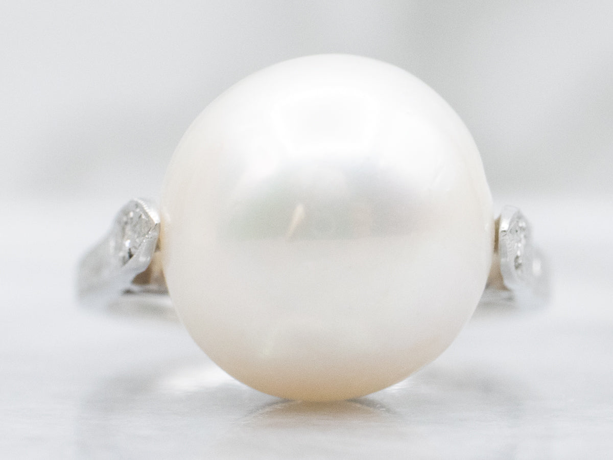 Oversized Pearl and Platinum Cocktail Ring with Diamond Accents