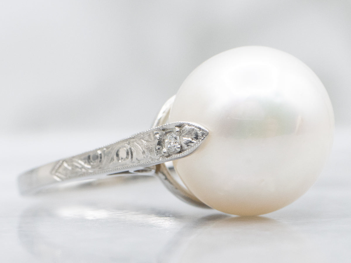 Oversized Pearl and Platinum Cocktail Ring with Diamond Accents