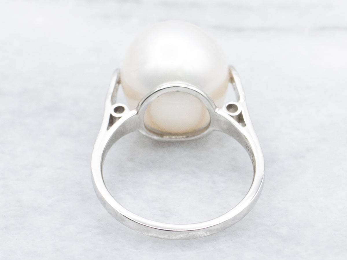 Oversized Pearl and Platinum Cocktail Ring with Diamond Accents