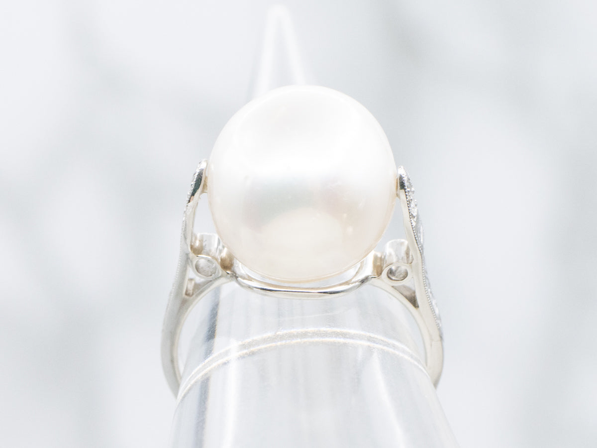 Oversized Pearl and Platinum Cocktail Ring with Diamond Accents