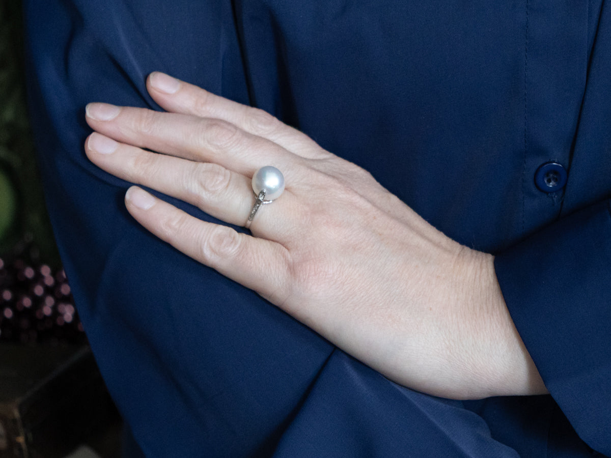 Oversized Pearl and Platinum Cocktail Ring with Diamond Accents