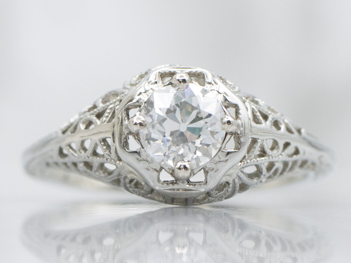 Old Mine Cut Diamond Solitaire 1920s Filigree Engagement Ring