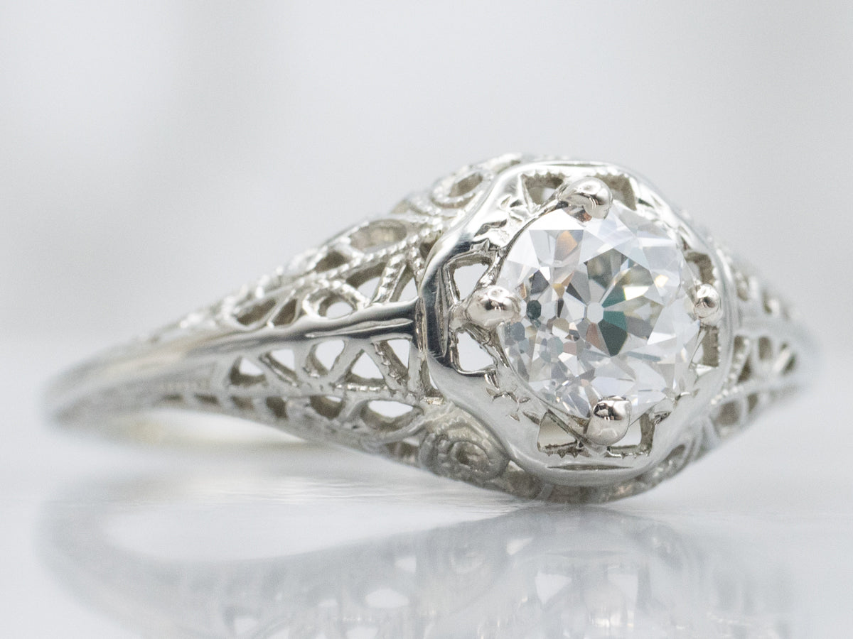 Old Mine Cut Diamond Solitaire 1920s Filigree Engagement Ring