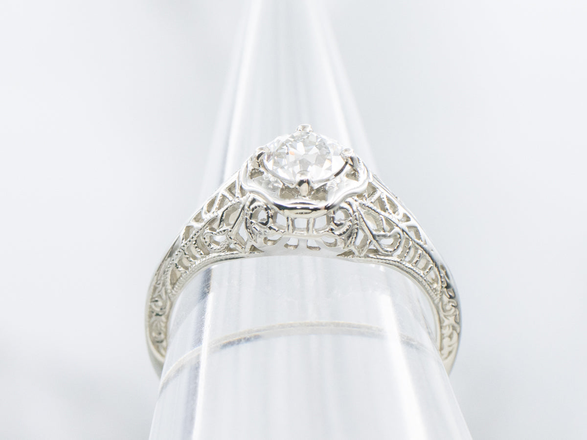 Old Mine Cut Diamond Solitaire 1920s Filigree Engagement Ring