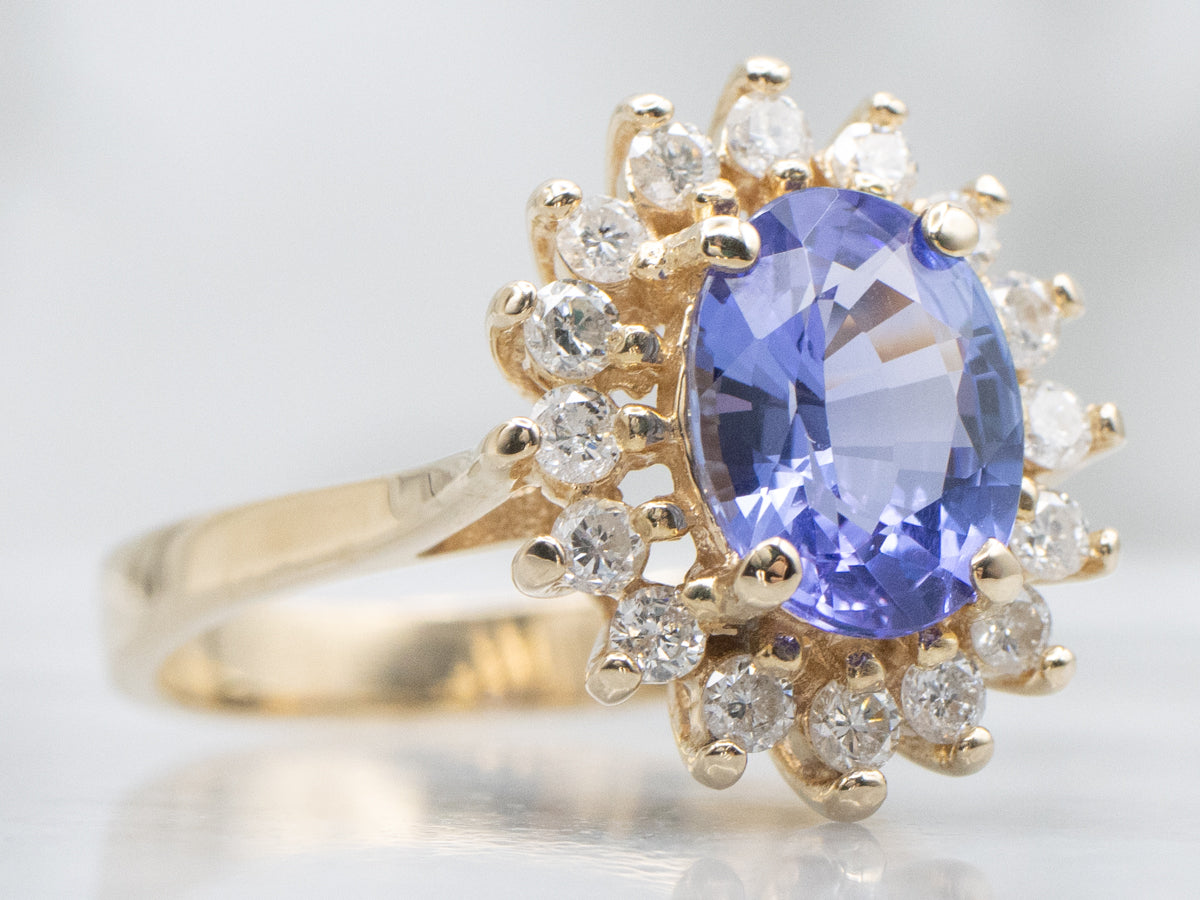 Tanzanite and Diamond Halo Yellow Gold Ring