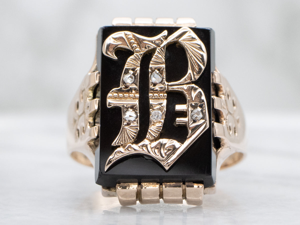 Men's Victorian Era Onyx and Rose Cut Diamond "B" Initial Signet Ring