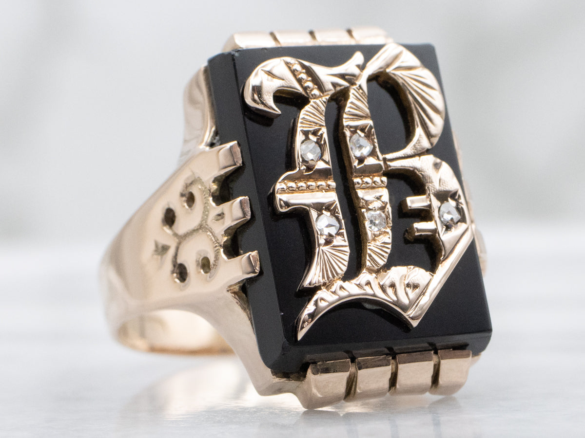 Men's Victorian Era Onyx and Rose Cut Diamond "B" Initial Signet Ring
