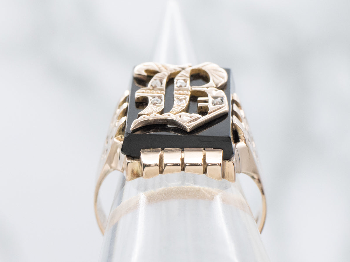 Men's Victorian Era Onyx and Rose Cut Diamond "B" Initial Signet Ring