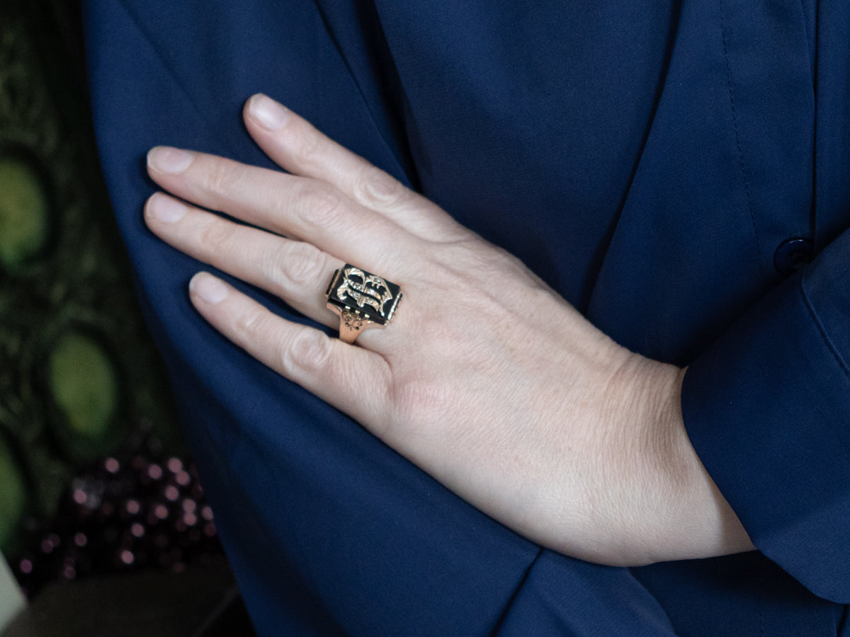 Men's Victorian Era Onyx and Rose Cut Diamond "B" Initial Signet Ring