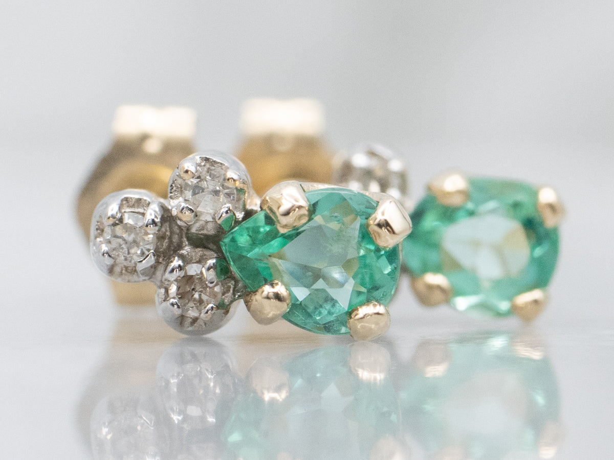 Emerald and Old Mine Cut Diamond Two-Tone Stud Earrings