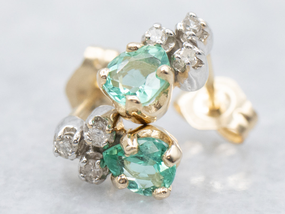 Emerald and Old Mine Cut Diamond Two-Tone Stud Earrings