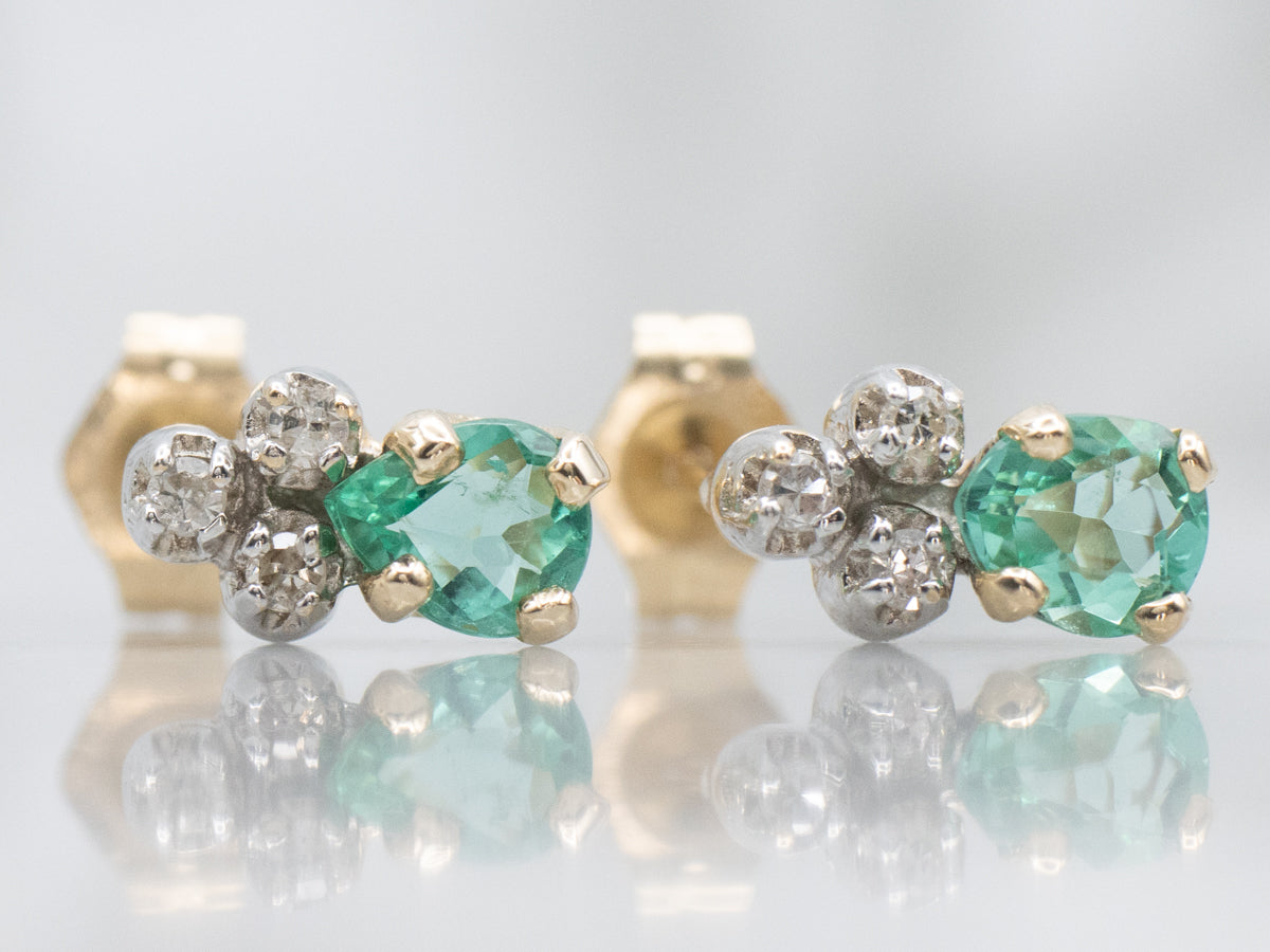 *RESERVED* Emerald and Old Mine Cut Diamond Two-Tone Stud Earrings