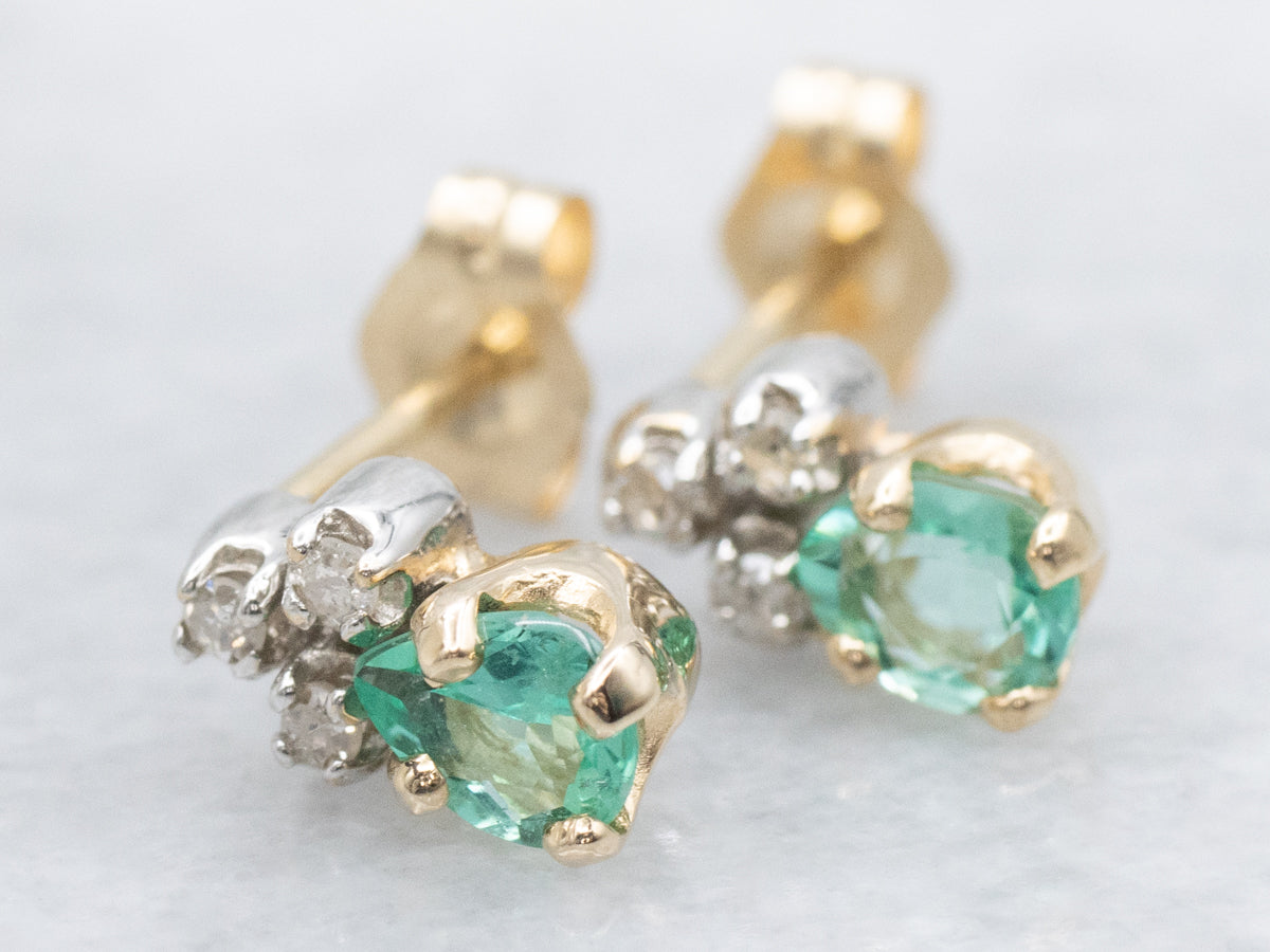 Emerald and Old Mine Cut Diamond Two-Tone Stud Earrings