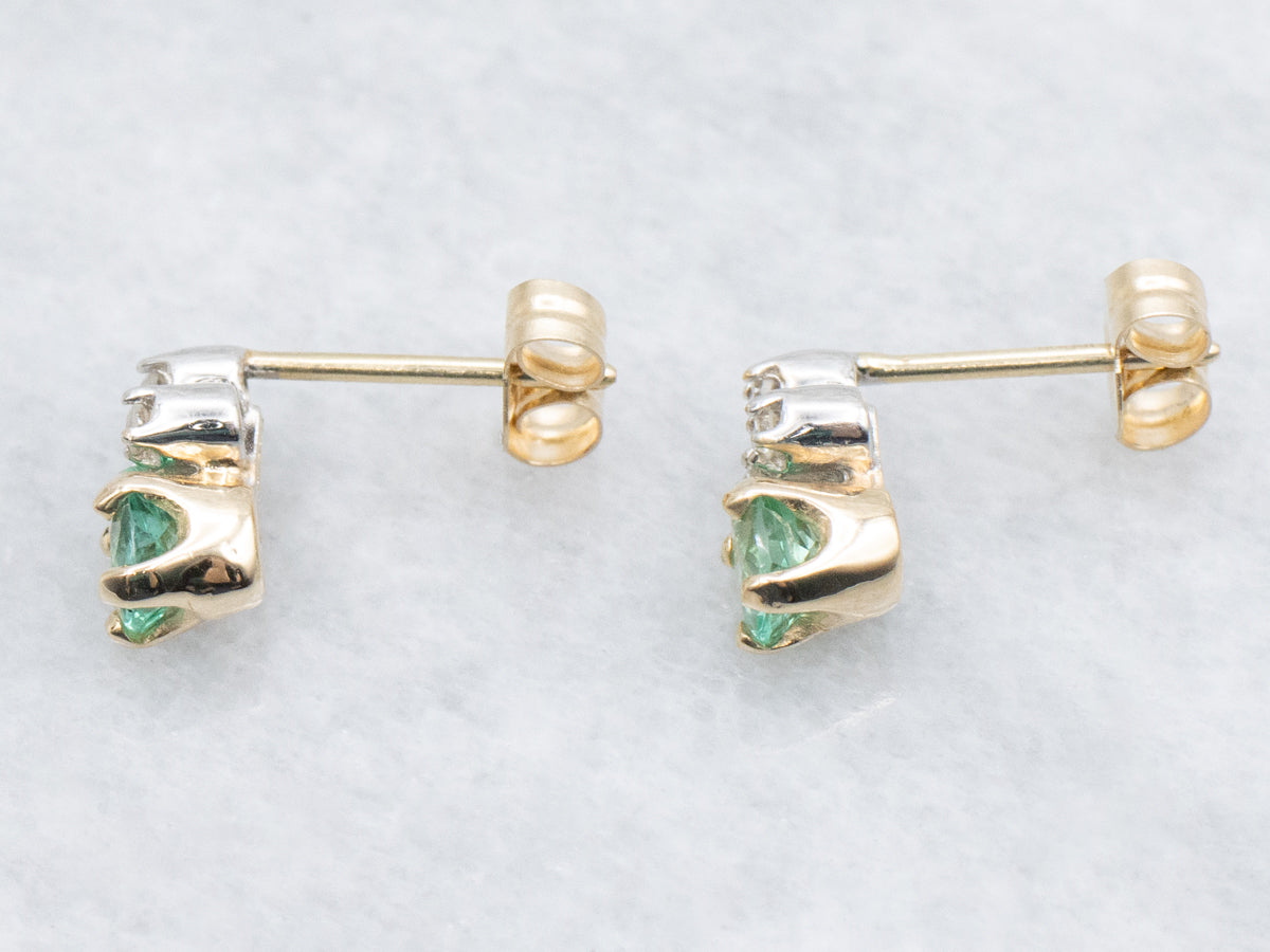 Emerald and Old Mine Cut Diamond Two-Tone Stud Earrings