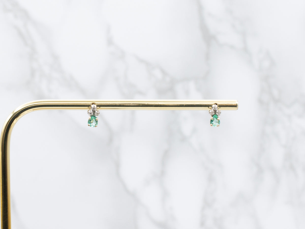 Emerald and Old Mine Cut Diamond Two-Tone Stud Earrings