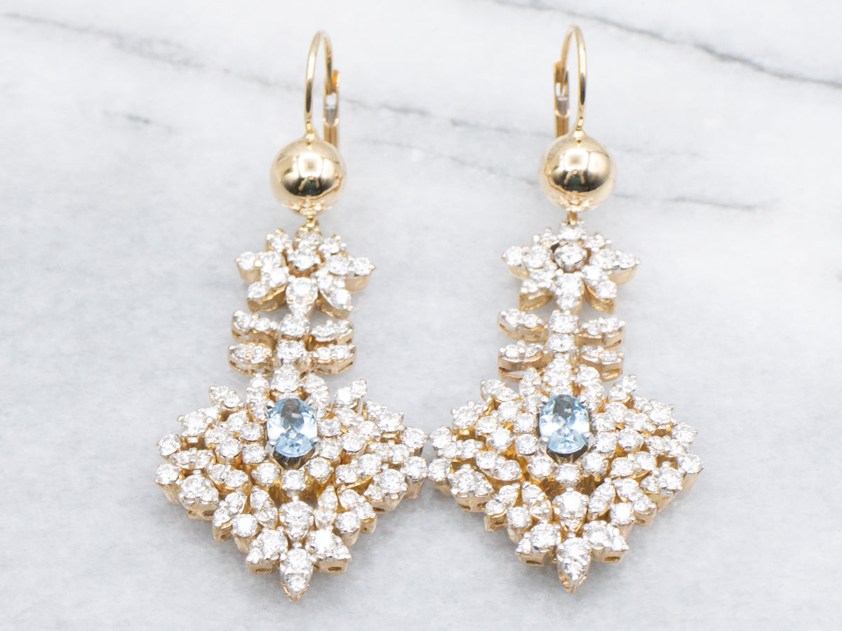 Vintage Aquamarine and Diamond-Encrusted Platinum and Gold Statement Earrings