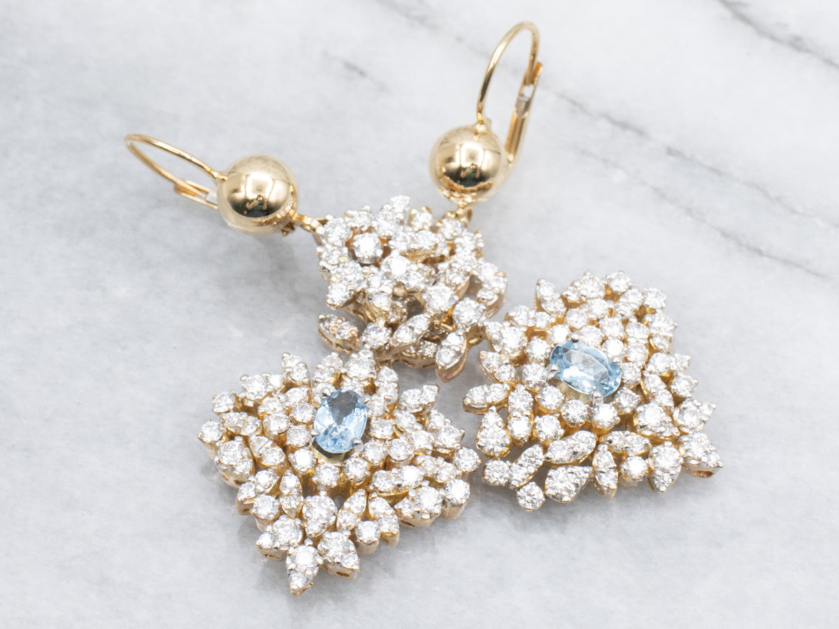 Vintage Aquamarine and Diamond-Encrusted Platinum and Gold Statement Earrings