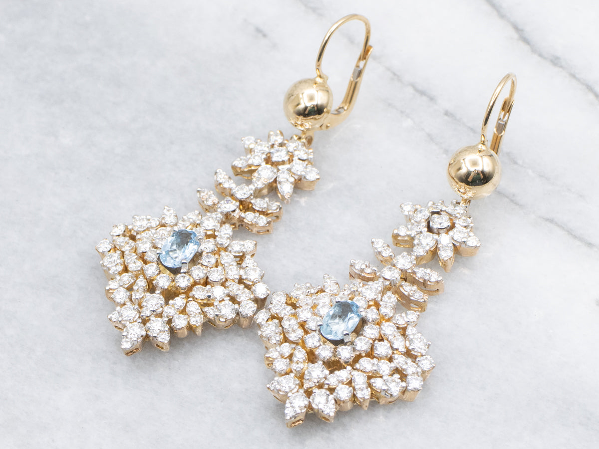 Vintage Aquamarine and Diamond-Encrusted Platinum and Gold Statement Earrings