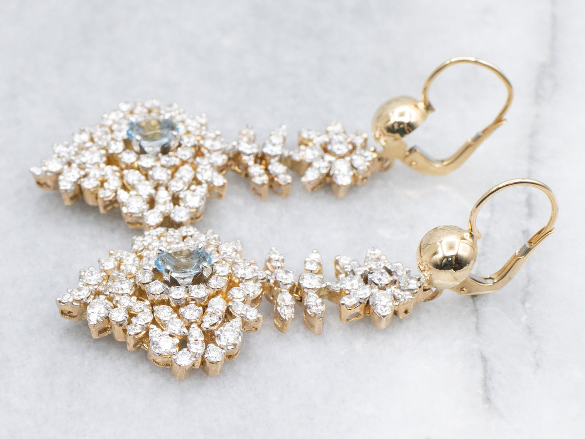 Vintage Aquamarine and Diamond-Encrusted Platinum and Gold Statement Earrings