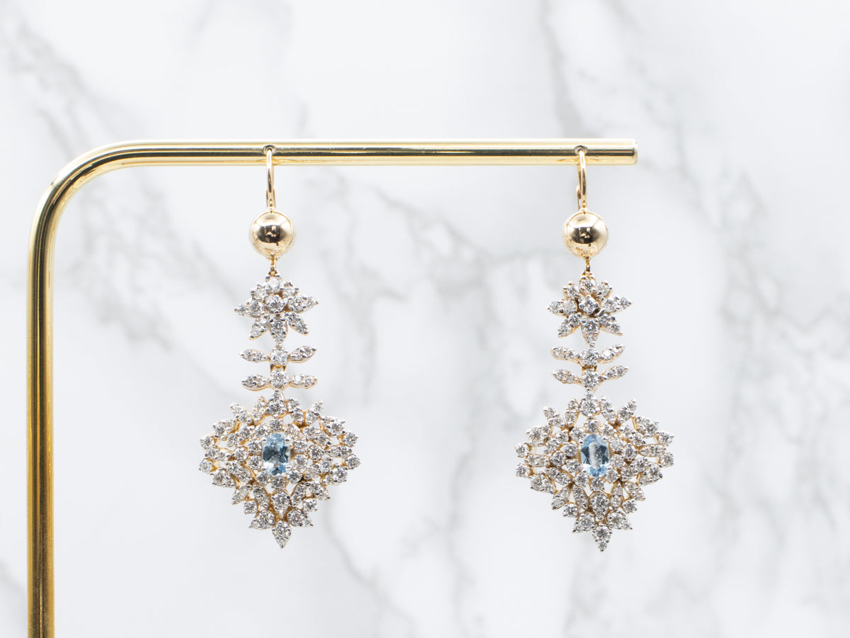 Vintage Aquamarine and Diamond-Encrusted Platinum and Gold Statement Earrings