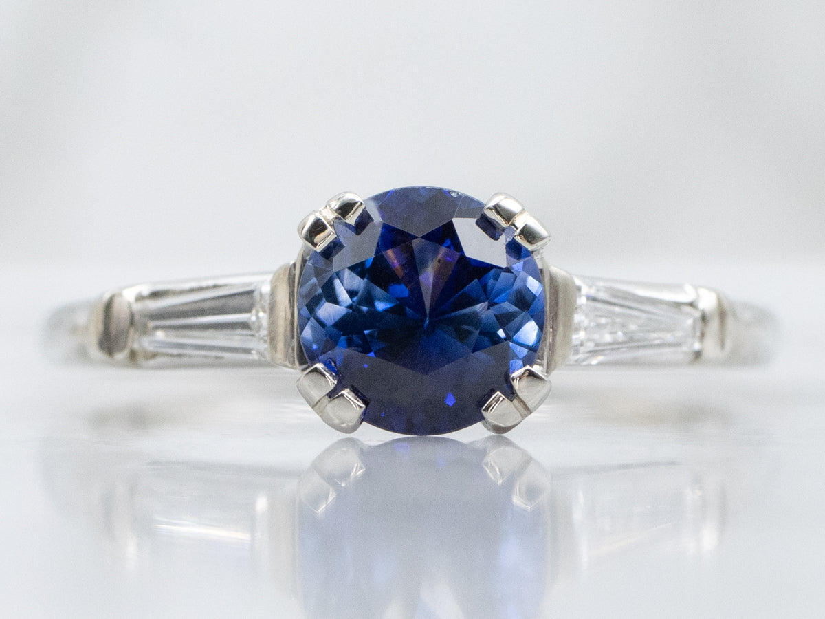 Classic Retro Blue Sapphire and Baguette Cut Diamond Engagement Ring