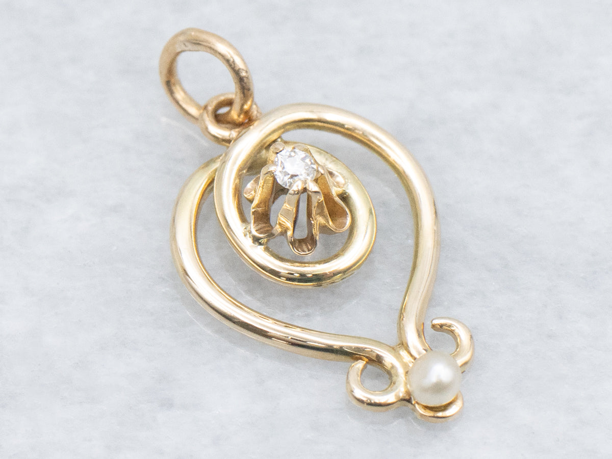 Buttercup-Set Old Mine Cut Diamond and Pearl Twisting Gold Pendant