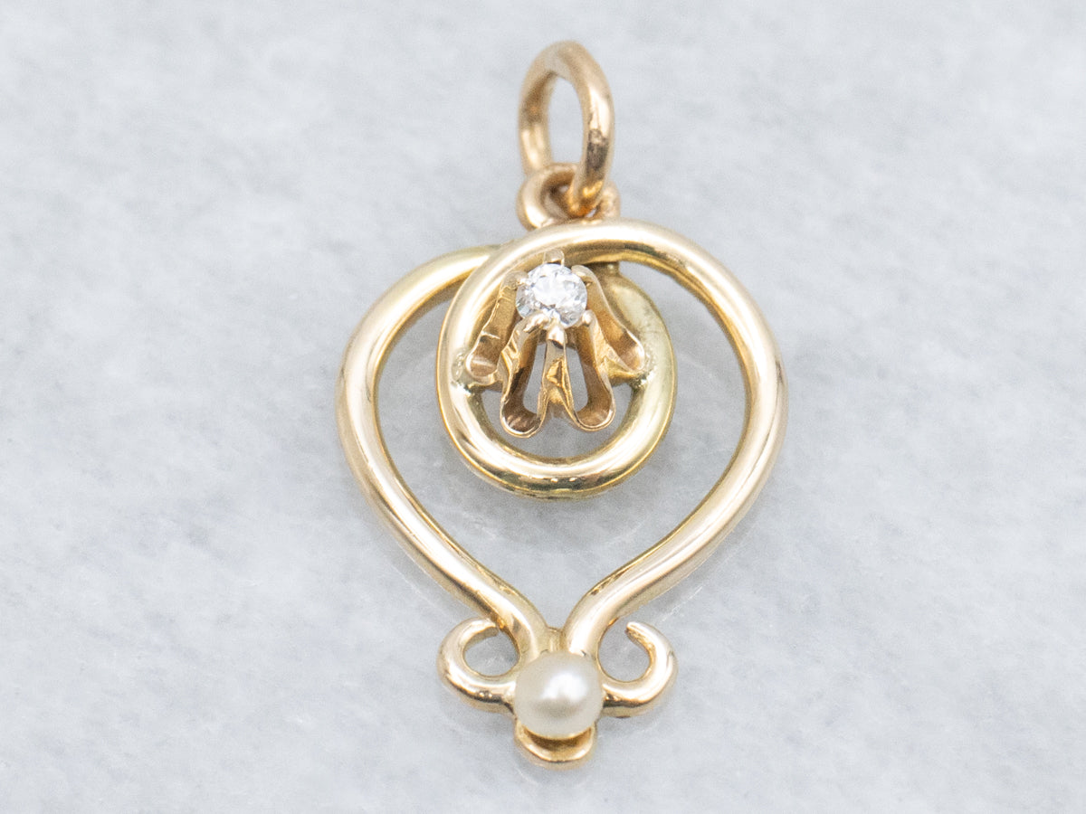 Buttercup-Set Old Mine Cut Diamond and Pearl Twisting Gold Pendant