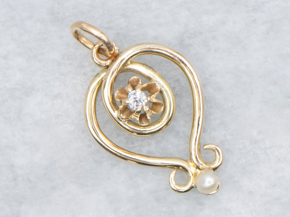 Buttercup-Set Old Mine Cut Diamond and Pearl Twisting Gold Pendant