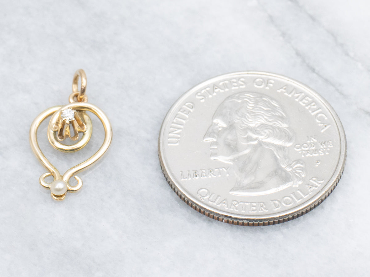 Buttercup-Set Old Mine Cut Diamond and Pearl Twisting Gold Pendant