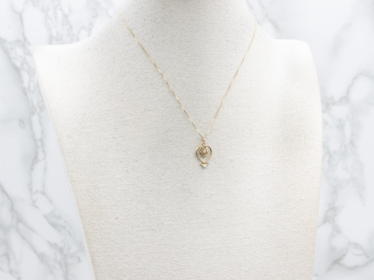 Buttercup-Set Old Mine Cut Diamond and Pearl Twisting Gold Pendant