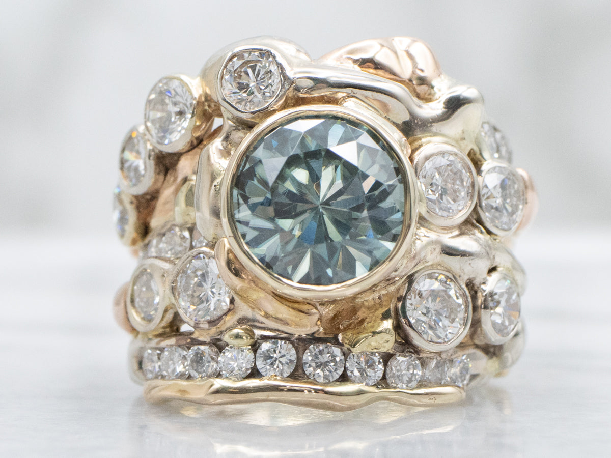 Sculptural Gold Blue Zircon and Diamond Statement Ring