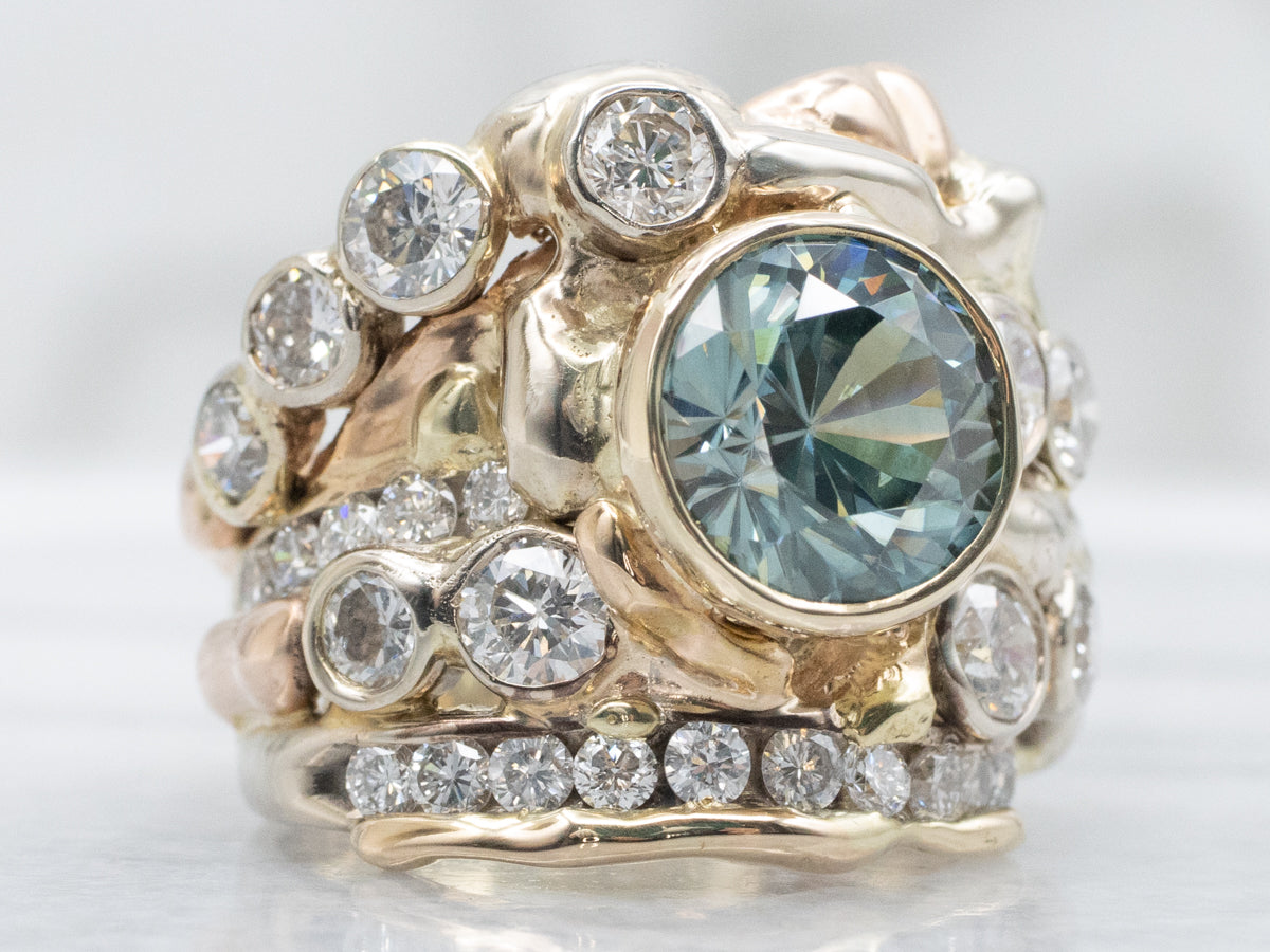 Sculptural Gold Blue Zircon and Diamond Statement Ring