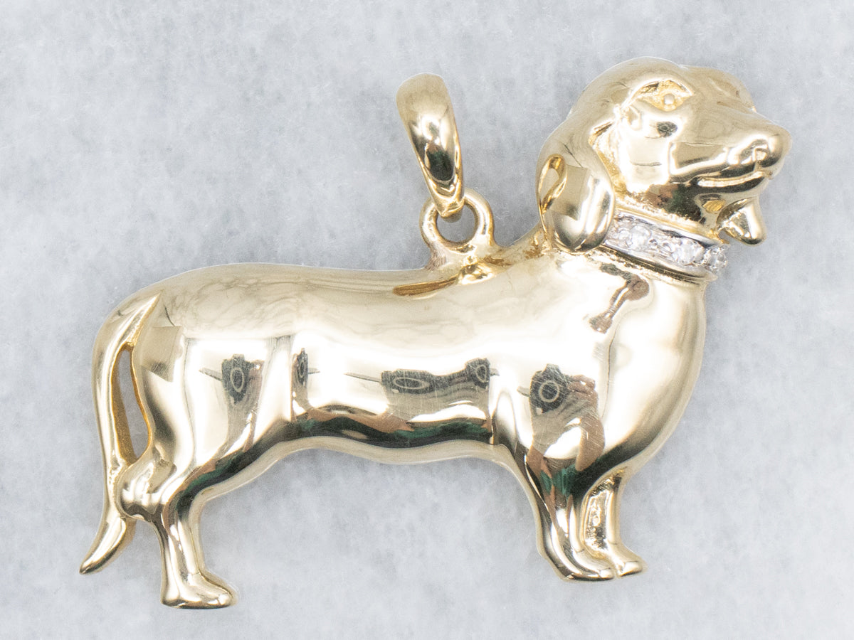 Diamond Collar Yellow Gold Dachshund Dog Pendant