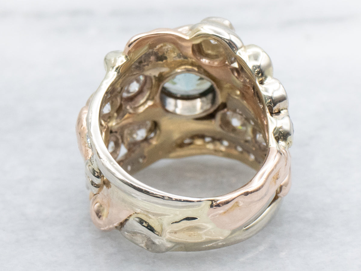 Sculptural Gold Blue Zircon and Diamond Statement Ring