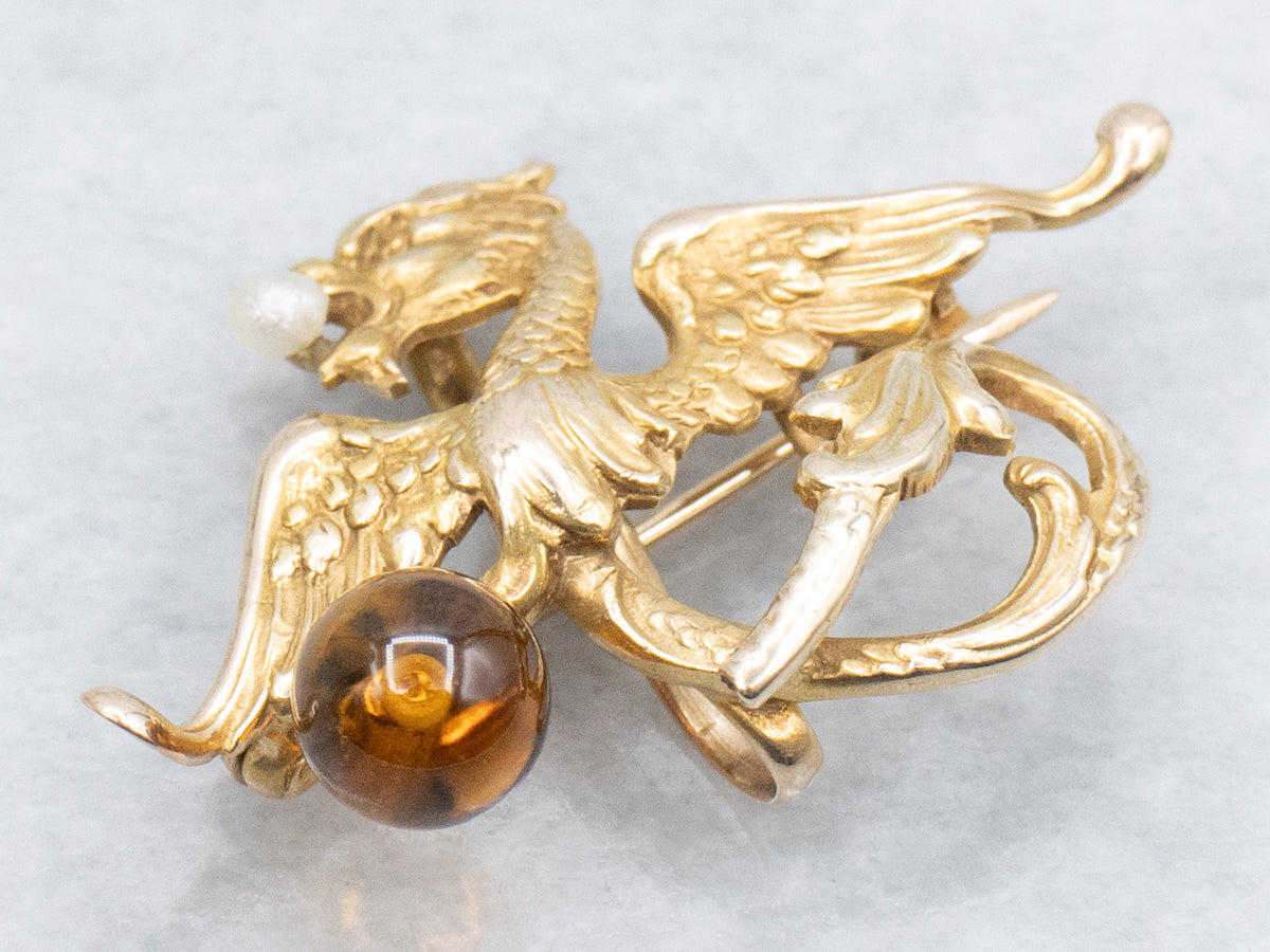 Victorian Gold Dragon with Citrine and Pearl Watch Pin