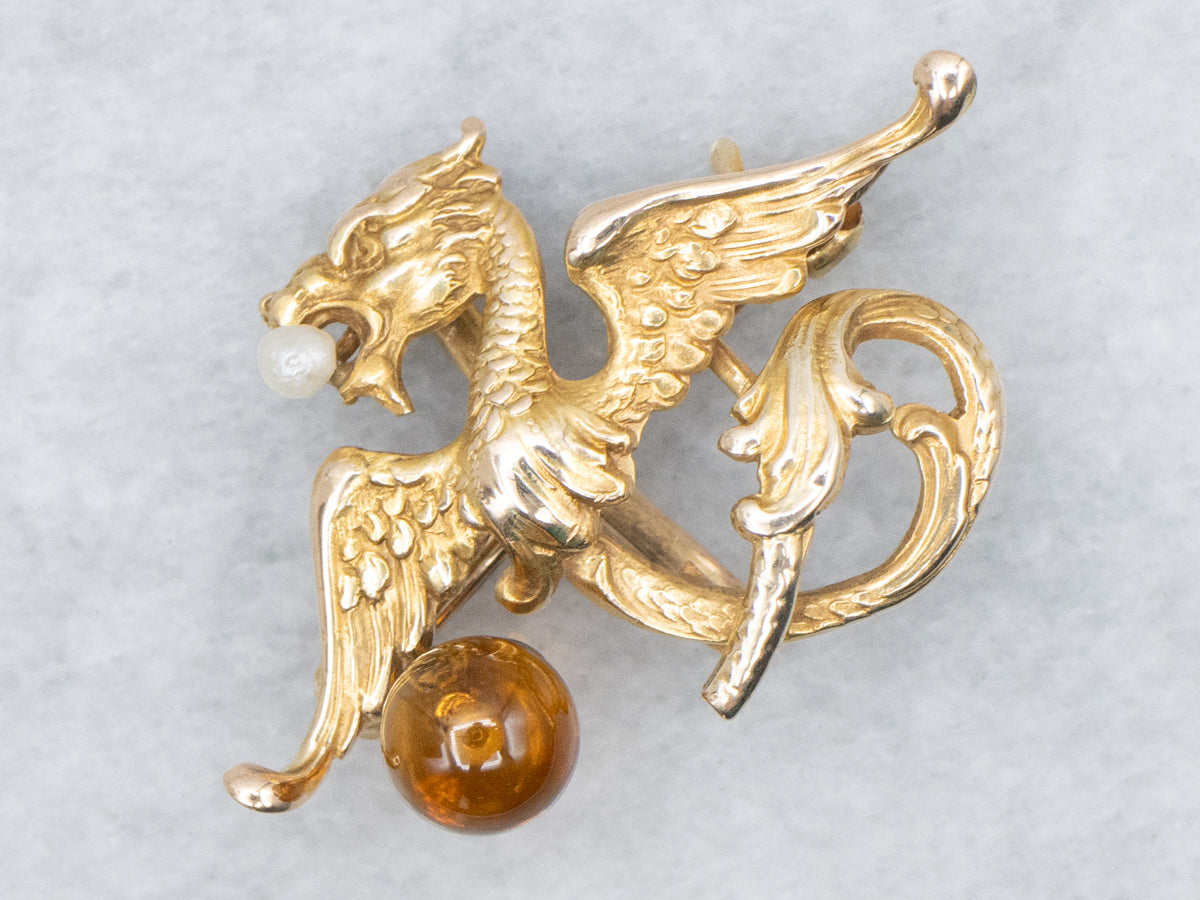 Victorian Gold Dragon with Citrine and Pearl Watch Pin