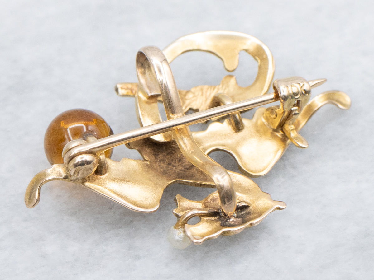 Victorian Gold Dragon with Citrine and Pearl Watch Pin
