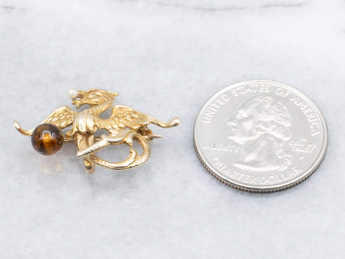 Victorian Gold Dragon with Citrine and Pearl Watch Pin