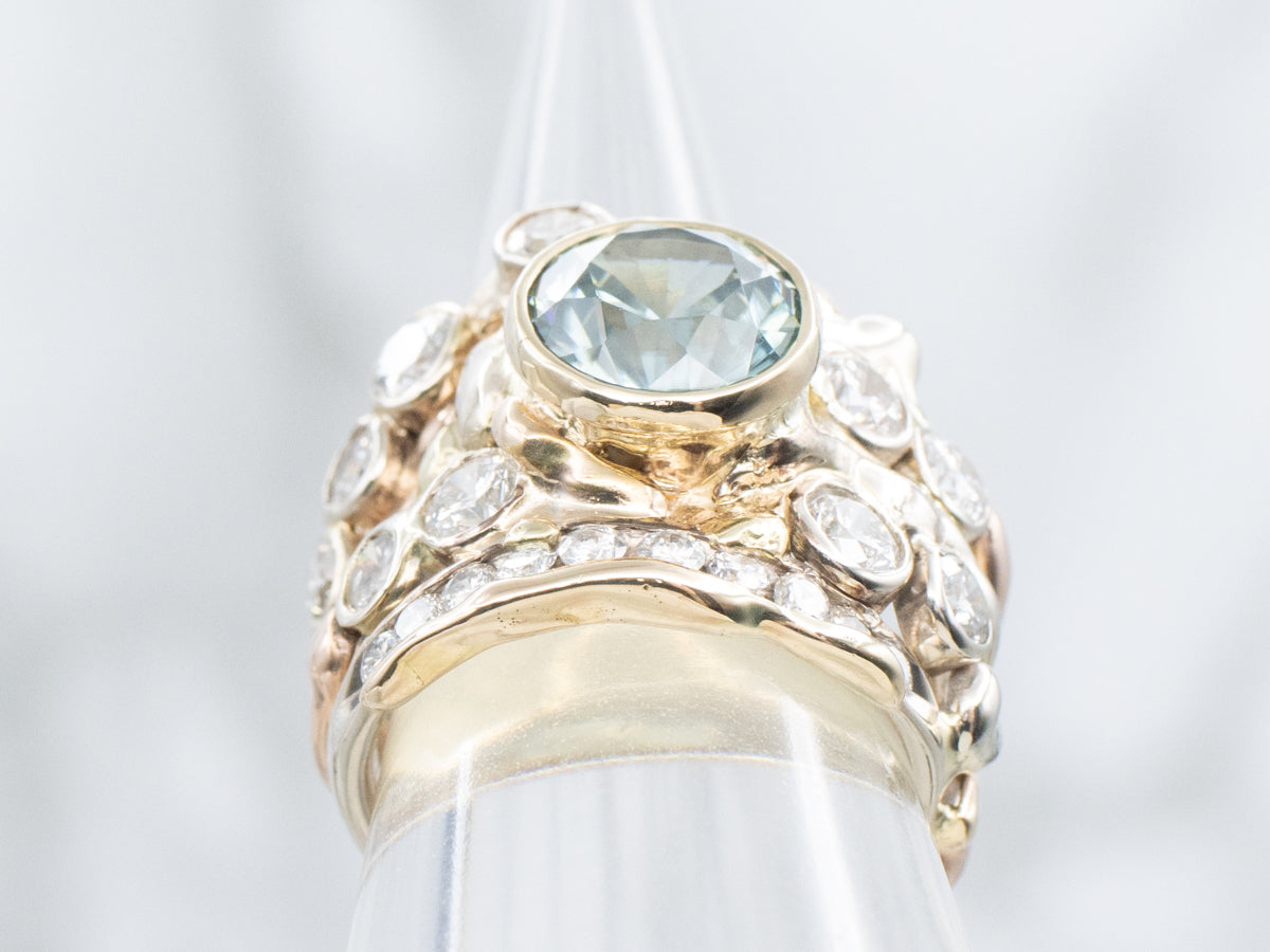 Sculptural Gold Blue Zircon and Diamond Statement Ring
