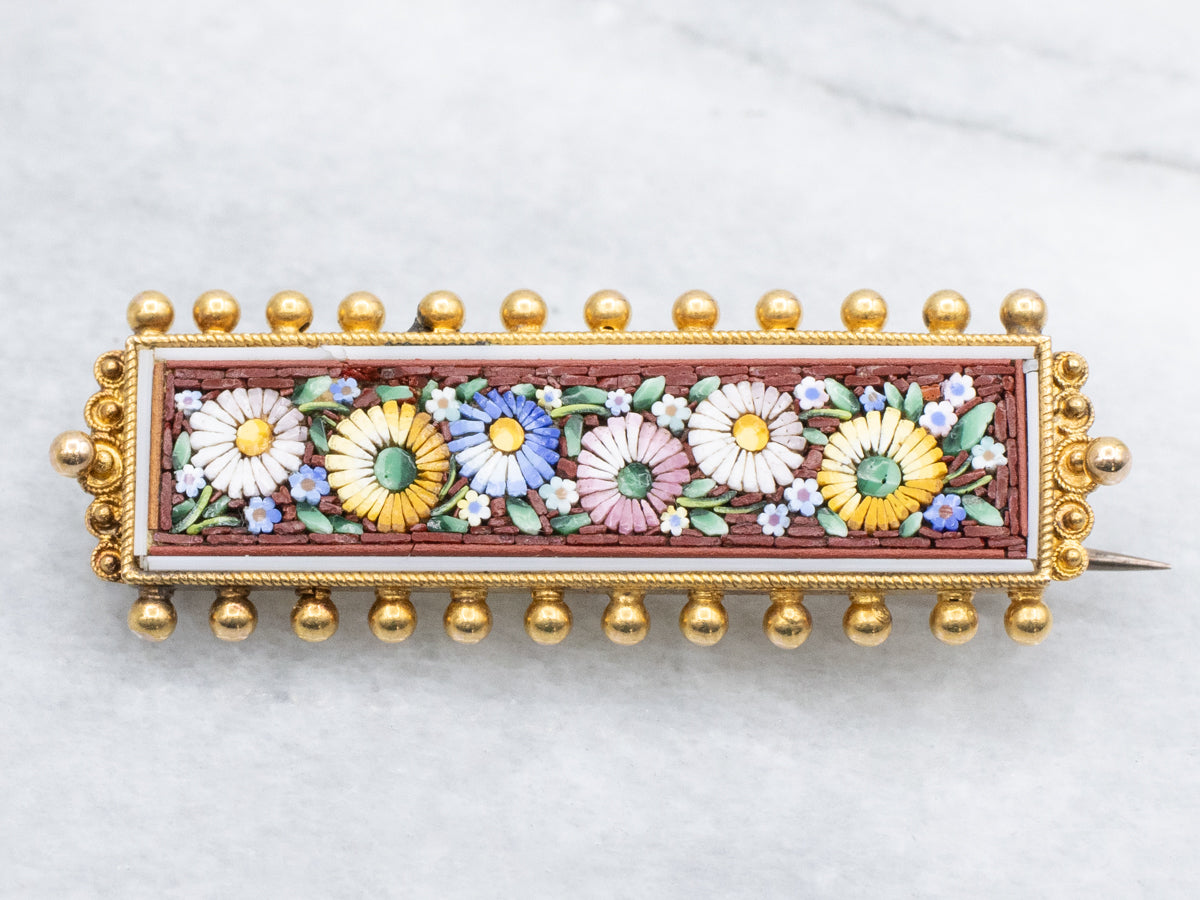Antique Bloomed-Gold Floral Micro Mosaic Bar Pin