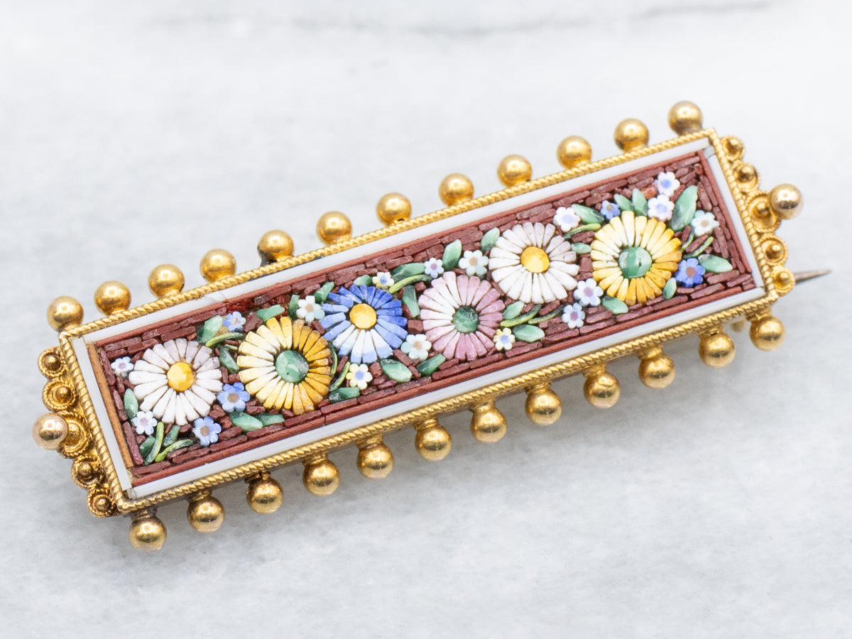 Antique Bloomed-Gold Floral Micro Mosaic Bar Pin