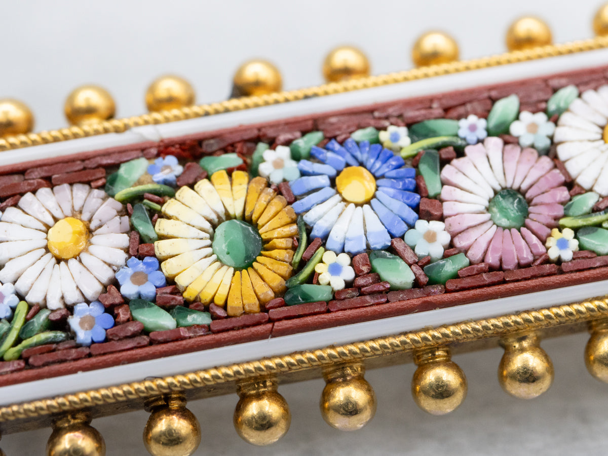 Antique Bloomed-Gold Floral Micro Mosaic Bar Pin