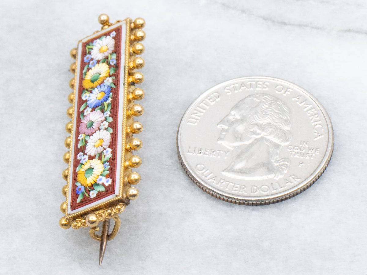 Antique Bloomed-Gold Floral Micro Mosaic Bar Pin