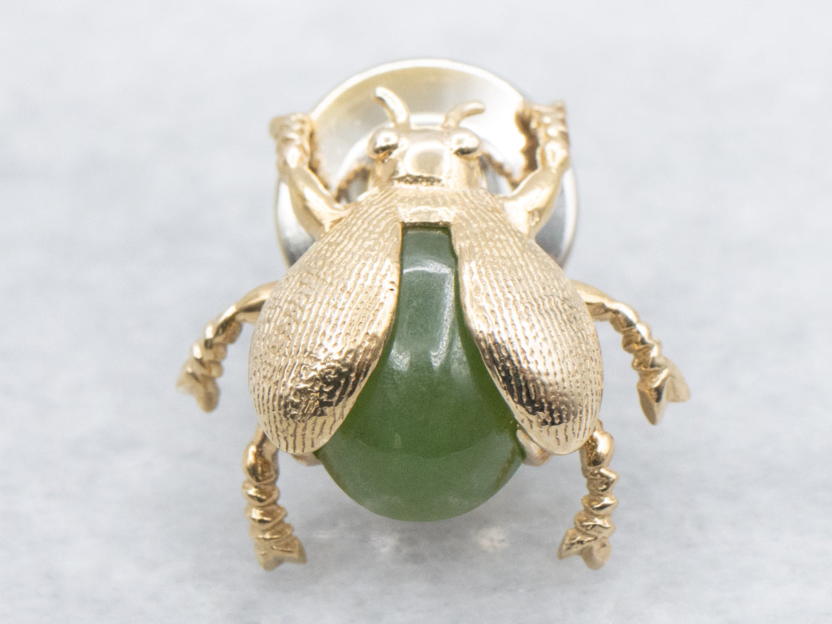 Nephrite Jade Vintage Textured Gold Beetle Bug Tie-Tac
