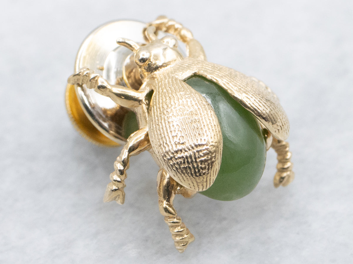 Nephrite Jade Vintage Textured Gold Beetle Bug Tie-Tac
